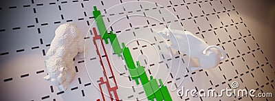 Bear and bull on the office wall with candlestick chart, illustrating bull and bear trends. Stock Photo