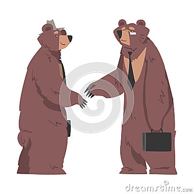 Bear Businessman Shaking Hands, Humanized Brown Animal Characters Cartoon Vector Illustration Vector Illustration