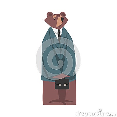 Bear Businessman Standing with Briefcase, Humanized Brown Animal Character in Business Suit Cartoon Vector Illustration Vector Illustration