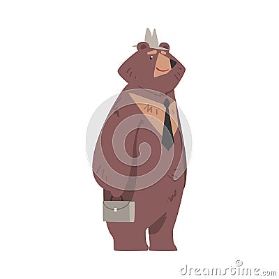 Bear Businessman Standing with Briefcase, Humanized Brown Animal Character Wearing Tie and Hat Cartoon Vector Vector Illustration