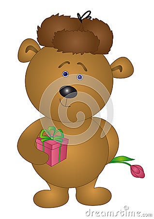 Bear in a cap gives a flower Vector Illustration