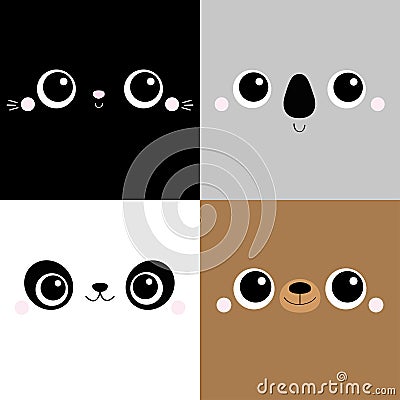 Bear Cat Koala Panda square face head icon set. Cartoon funny character. Cute kawaii animal portrait. Kids print for poster, t- Vector Illustration