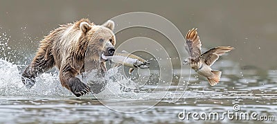 Bear catching leaping salmon, feasting on fresh catch in a raw display of nature s beauty Stock Photo