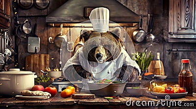 A bear in chef attire cooking in a rustic kitchen a portrait of culinary passion Stock Photo