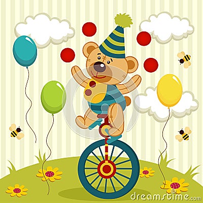 Bear clown juggles and rides a unicycle Vector Illustration