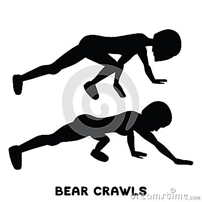 Bear crawls. Sport exersice. Silhouettes of woman doing exercise. Workout, training Cartoon Illustration
