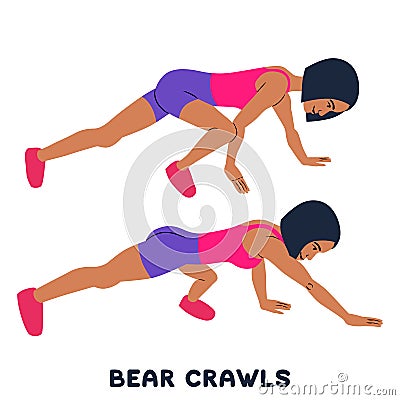 Bear crawls. Sport exersice. Silhouettes of woman doing exercise. Workout, training Cartoon Illustration