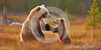 A bear cub joyously pounces on its mother, their playful wrestling a delightful sight in the wilderness, concept of Stock Photo