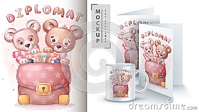 Bear with diplomat poster and merchandisig. Vector Illustration