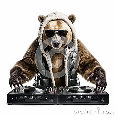 Epic Portraiture Of A Bear Djing At A Turntable Stock Photo