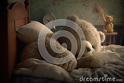 bear doll lying on plush bed, with its head and shoulders propped up by fluffy pillows Stock Photo
