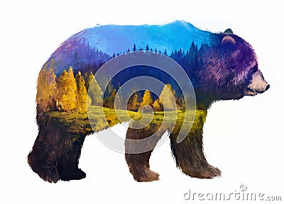 Bear double exposure illustration Cartoon Illustration