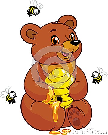 Bear eats honey from the beehive. On a white background, surrounded by bees. Vector illustration. Vector Illustration