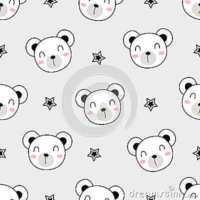 Bear face hand drawn cartoon animal background seamless vector pattern in cartoon style Vector Illustration