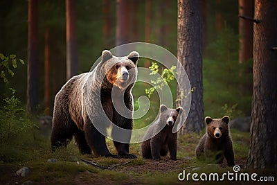 Bear family forest nature. Generate Ai Stock Photo