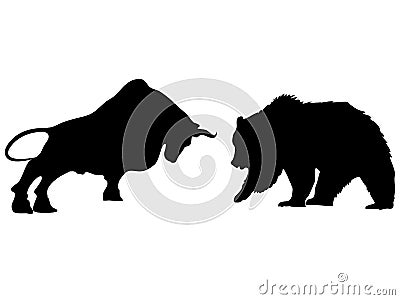 A bear fighting a bull in silhouette With stock market symbols on transpant background Vector Illustration