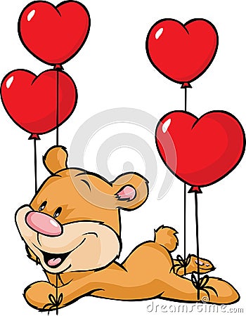 Bear flying with balloons in the shape of heart Vector Illustration