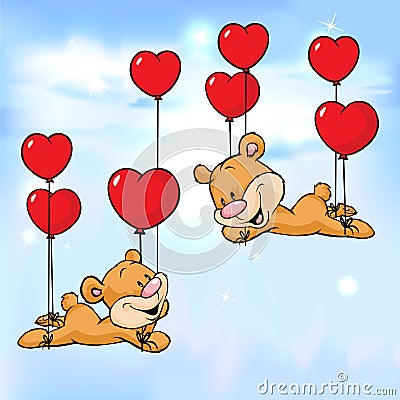 Bear flying with balloons in the shape of heart Vector Illustration