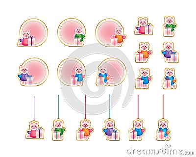 Bear gift love colorful sticker set Vector Illustration