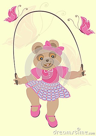 Bear girl in a crimson dress and butterflies Vector Illustration