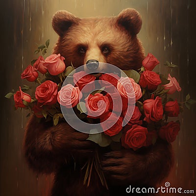 Bear gives red roses on Valentine's Day Stock Photo