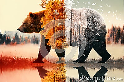 The bear goes from fall to winter. Double Exposure Stock Photo