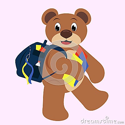 Bear goes to school with a backpack and books Vector Illustration