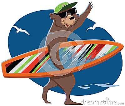 Bear goes to the sea and carries a surfboard Vector Illustration