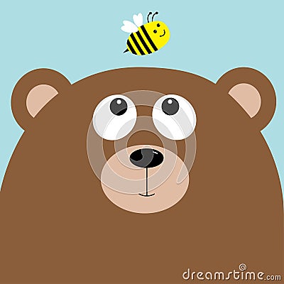 Bear grizzly big head looking at honey bee insect. Cute cartoon character. Forest baby animal collection. Blue sky background. Vector Illustration