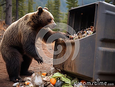 Bear grizzly proof garbage dumpster Yellowstone Cartoon Illustration