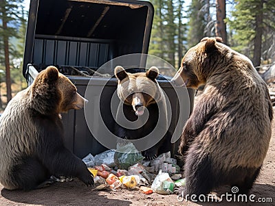 Bear grizzly proof garbage dumpster Yellowstone Cartoon Illustration