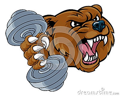 Bear Grizzly Weight Lifting Dumbbell Gym Mascot Vector Illustration