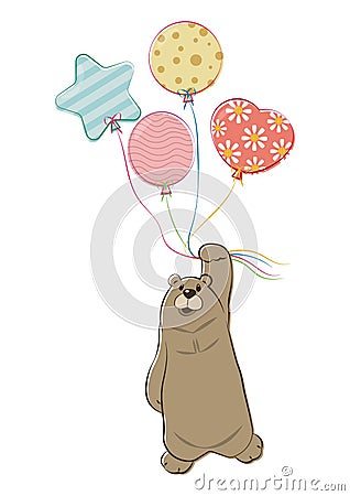 Bear Hanging With Balloons Isolated Vector Illustration