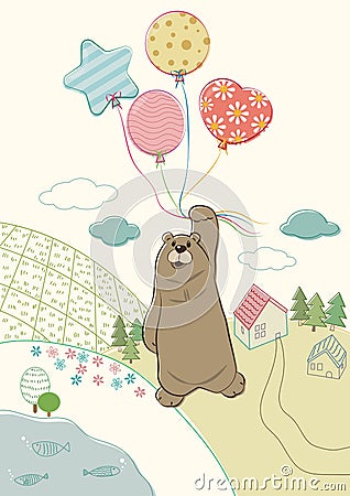 Bear Hanging With Balloons Vector Illustration