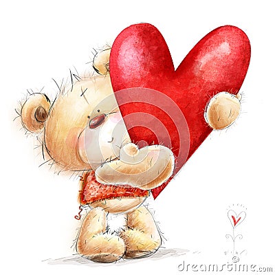 Teddy bear with the big red heart.Childish illust Stock Photo