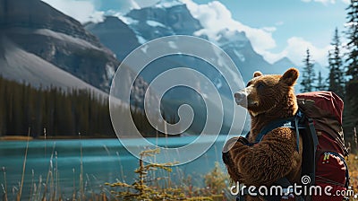 A bear in hiking gear trekking through the Canadian Rockies breathtaking nature scenes Stock Photo