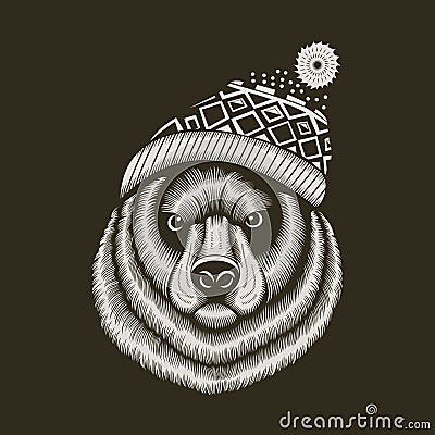 Bear hipster in knitted hat with jacquard pattern Vector Illustration