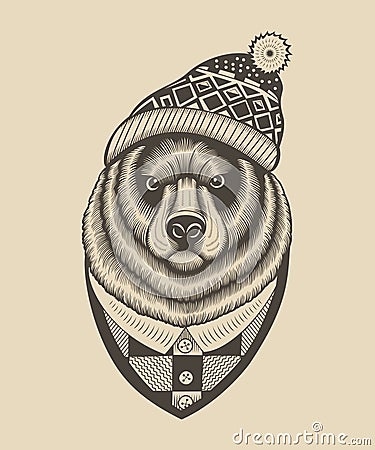 Bear hipster in knitted hat with pompom Vector Illustration