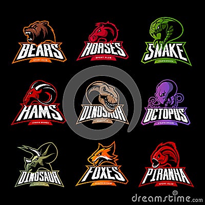 Bear, horse, snake, ram, fox, piranha, dinosaur, octopus head isolated vector logo concept. Vector Illustration