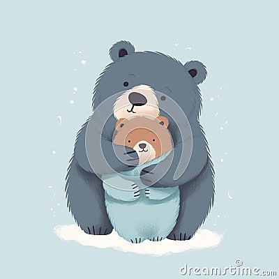 The bear hugs the little cubs. Festive theme, Concept: Poster for a children's room. Baby print for nursery. Cartoon Illustration