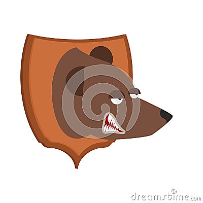 Bear hunter trophy. Grizzly head on shield. Scarecrow wild beast Vector Illustration