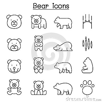 Bear icon set in thin line style Cartoon Illustration