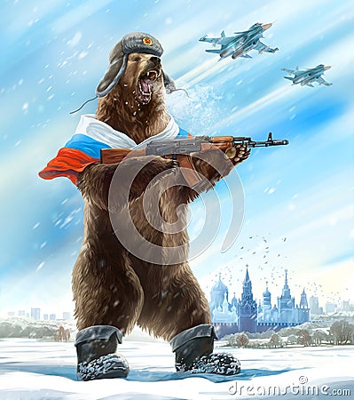 Bear with kalashnikov assault rifle. Stock Photo