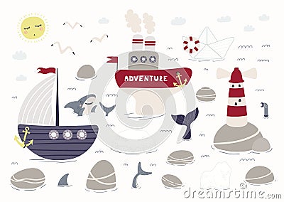 Sea, ocean landscape clipart, ships, rocks, lighthouse Vector Illustration