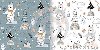 Christmas winter seamless patterns set for kids with cute bears, trees and rainbows Stock Photo