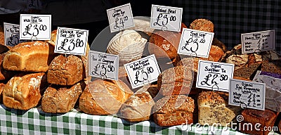 Bread and loaves for sale at farmers market Editorial Stock Photo