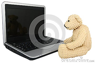 Bear With Mini Lap Top Computer Stock Photo