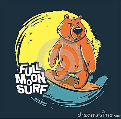 Bear moon surfer cool summer t-shirt print. Midnight ride surfboard on big wave. Full moon Vector Illustration