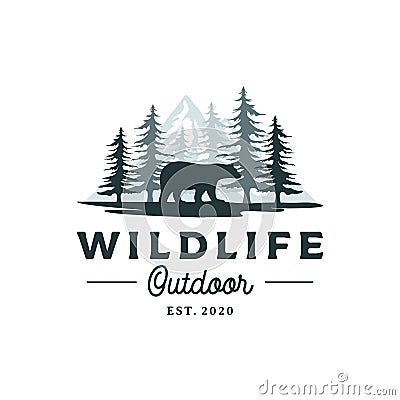 Bear, Mountain and Pine Cedar Conifer Wilderness Adventure Logo Design Vector Illustration