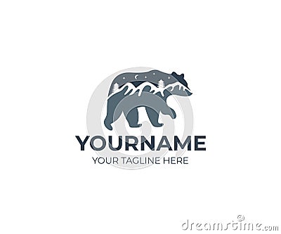 Bear and mountains logo template. Mountain landscape and night sky vector design Vector Illustration